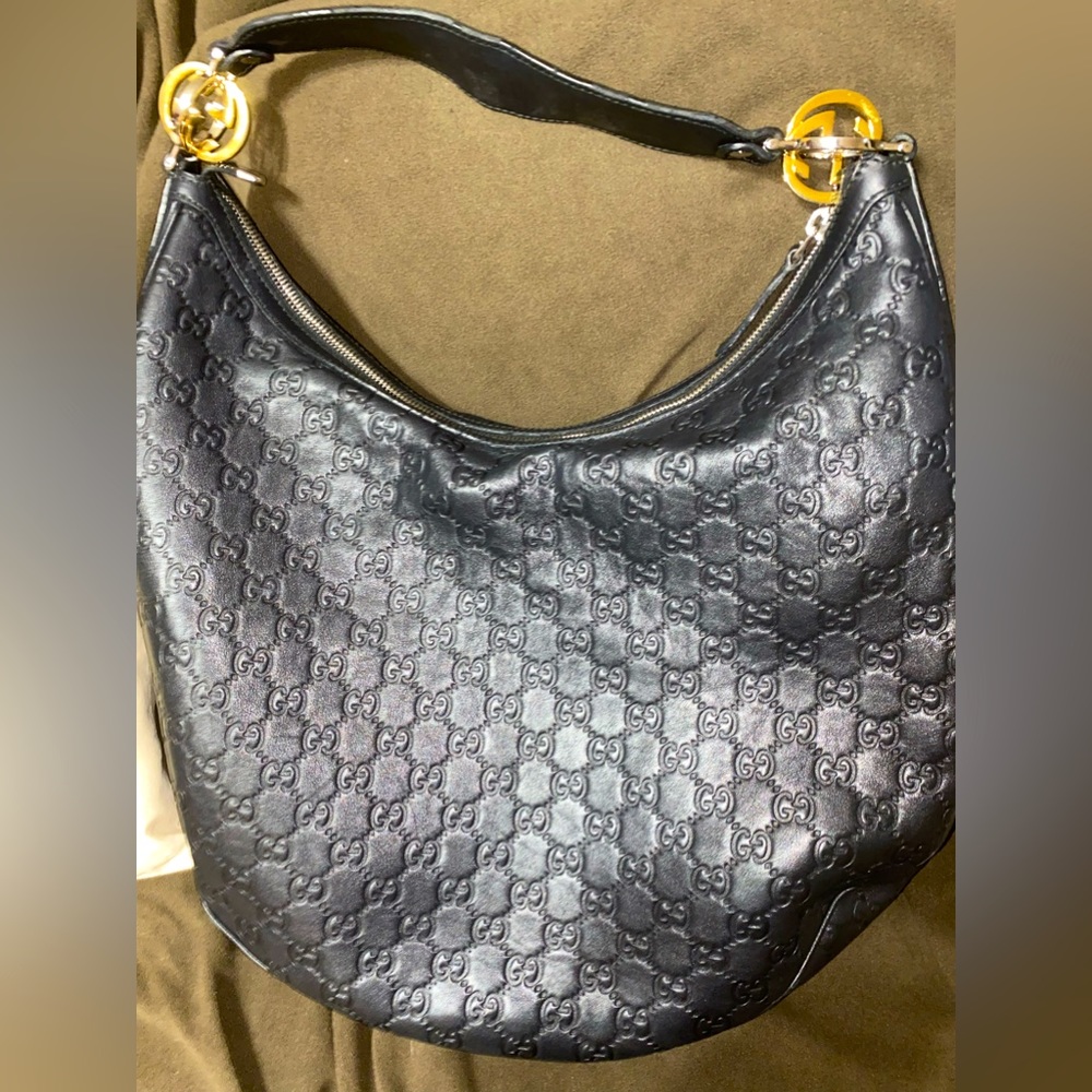 Black Embossed Leather Gucci Hobo Bag Large